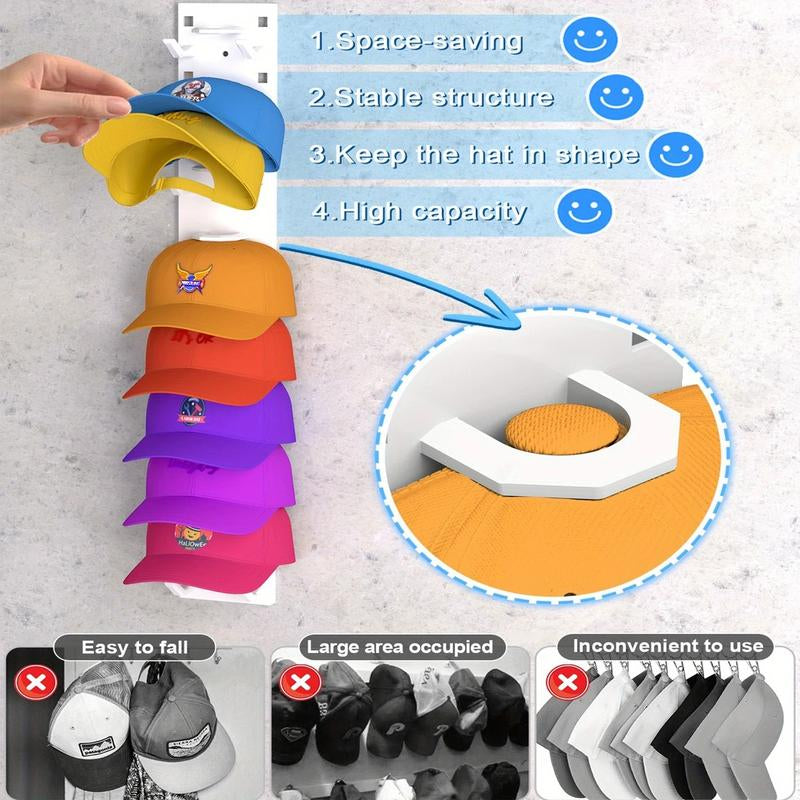 2 Pack Hat Organizer Wall Mounted Baseball Cap Rack Black or White Adhesive Mount Stable Structure Holds 18 Hats for Closet Door & Bedroom Easy Access Installation