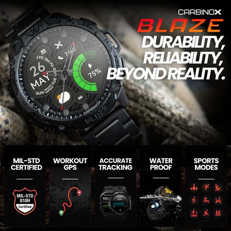 Carbinox Blaze Smart Watch with GPS, Fitness Tracker Compatible with Android and IOS Make Receive Calls Messages, Heart Rate, Monitor Stress Levels, Tracker Oxygen, Monitor Steps Counter, Sleep Tracking, Alarm, Clock, Social Media Notifications
