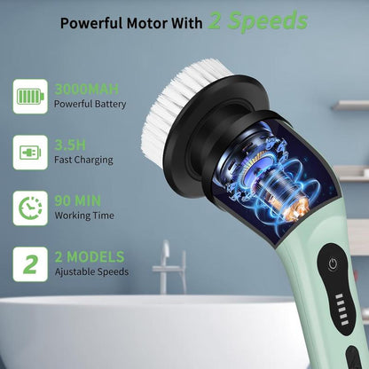 Electric Spin Scrubber, 1 Set Electric Cleaning Brush with 9 Replacement Heads & Removable Telescopic Pole, Household Cleaning Tool for Bathroom, Kitchen, Car, Bathroom Accessories